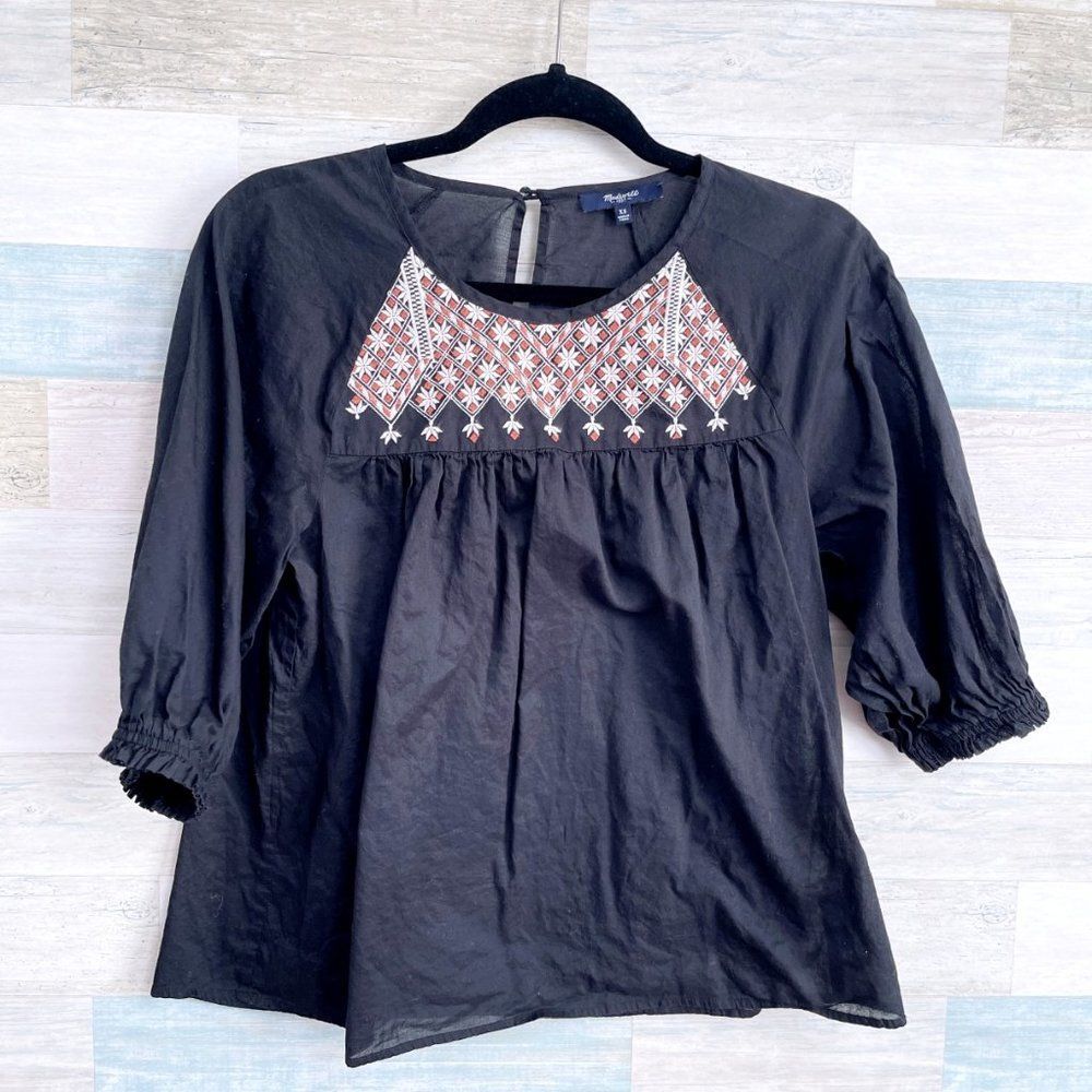 MADEWELL Starflower Shirred Peasant Top Black Womens XS